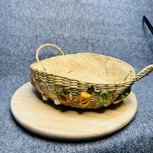 Vintage Woven Straw Basket Handles Veggie Accents Rustic Farmhouse Decor 12in Wi - Picture 5 of 10
