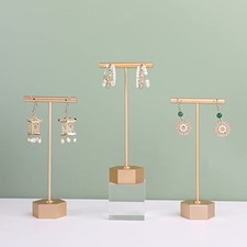 Gold Metal 3pcs Earring T Stand Jewelry Display for Show, Retail T Bar High
