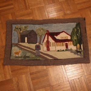 VINTAGE Hand Hooked Rug HOME House Man Cat Animals Primitive Folk Art Americana
