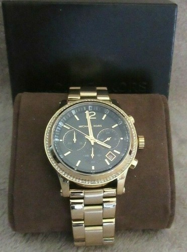 Reloj para damas MICHAEL KORS MK6063 Heidi cronógrafo cristal esfera negra tono dorado - Imagen 1 de 8