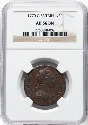 ENGLAND GEORGE III 1770  HALF PENNY COPPER COIN, CHOICE AU, CERTIFIED NGC AU58