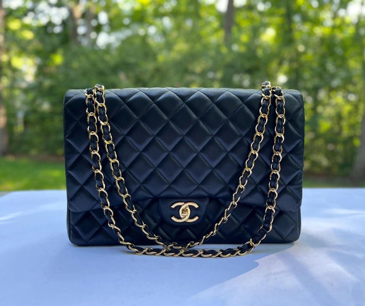 Chanel Maxi Black Quilted Lambskin Classic Double Flap Bag 100% Auth