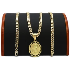 Mens 18k Gold Plated  Oval Guadalupe Pendant 5mm 24" Cuban Necklace Chain