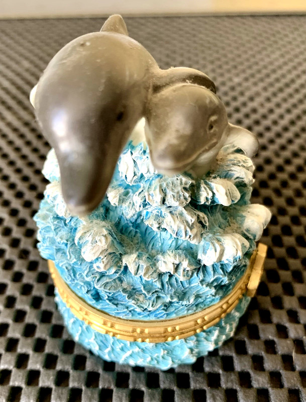 TWO LEAPING DOLPHINS IN THE WAVES CERAMIC HINGED PILL BOX 2 1/4" X 3 1/2" TALL