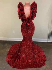 Women Burgundy Sequin Evening Dresses Ruffles V Neck Sleeveless Formal Prom Gown