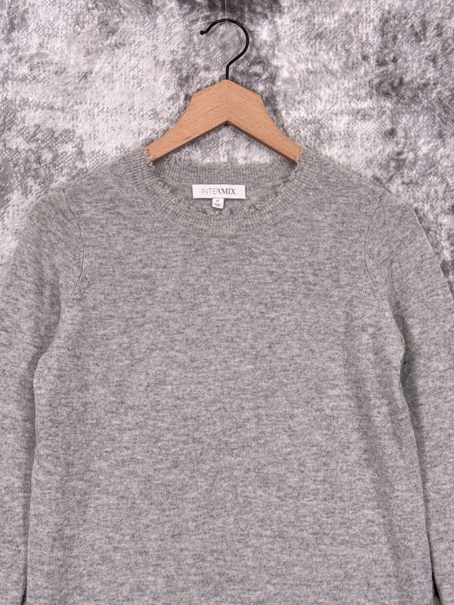 Intermix Gray Wool Cashmere Asymmetrical Crewneck Pullover Sweater