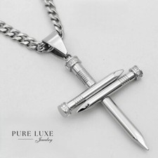 NEW Gift Inc Men's Stainless Steel CZ Nail Cross Pendant 24" Cuban Chain Box