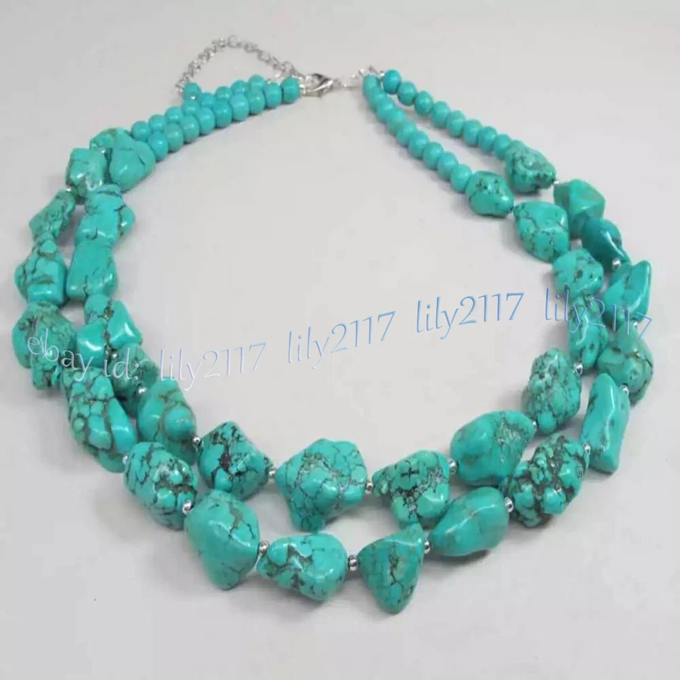 Juego de aretes collar gemas irregulares pepita gruesa turquesa natural de 2 hilos Foto 3 de 4