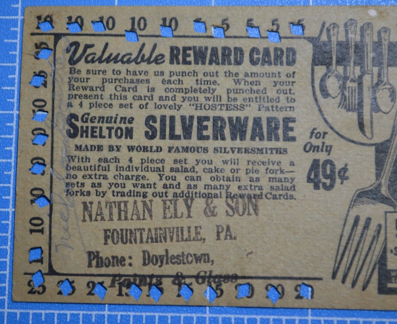 Nathan Ely & Son Fountainville PA Bucks County Reward Card Shelton Silverware