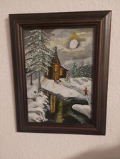 ORIGINAL acrylic picture painting winter way to church painting art unique hand painted