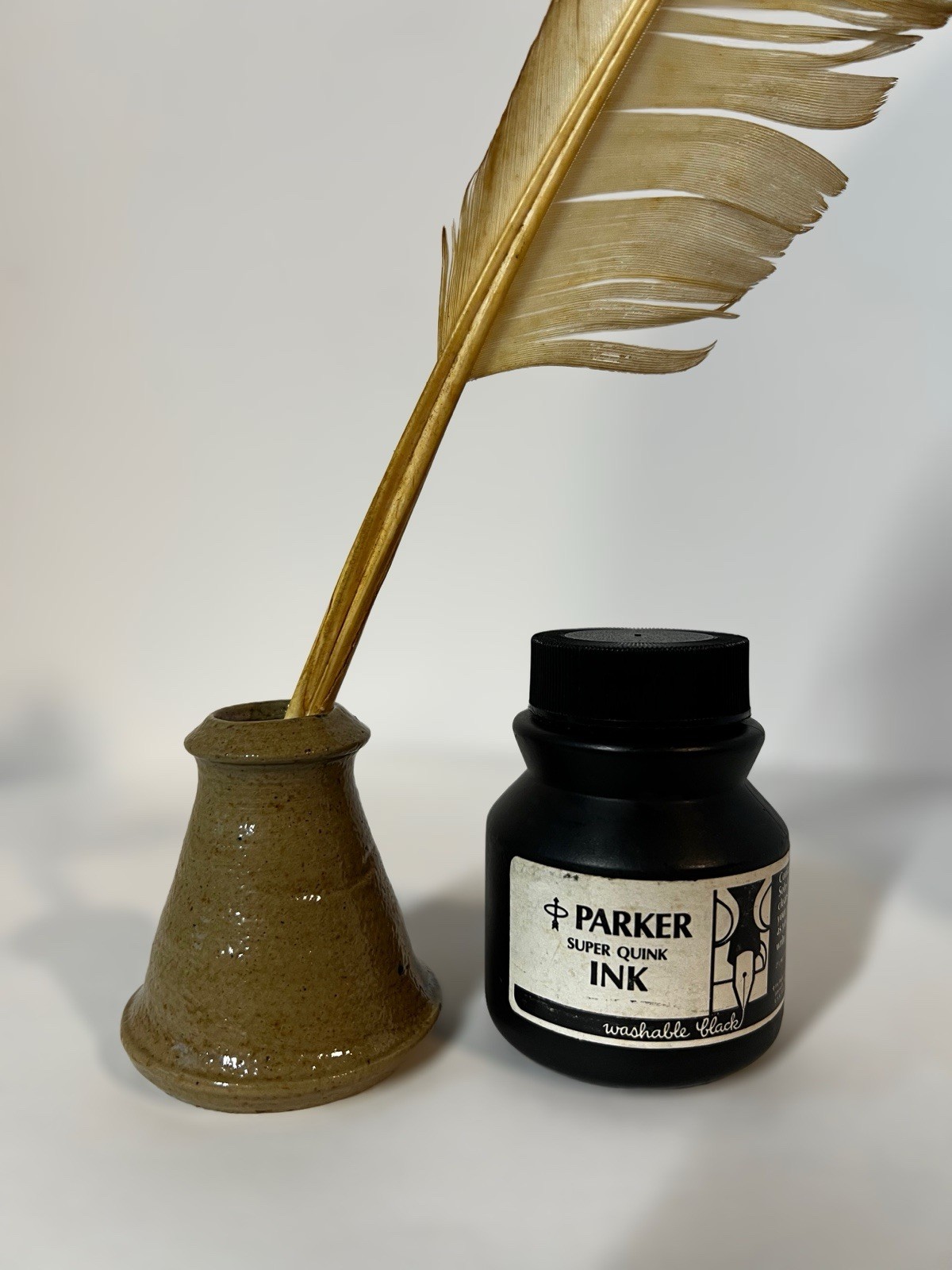 Vintage Parker Quink, Feather Quill & Salt Glazed Pottery Inkwell Set