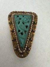 Antique Art Deco Silver CHINESE EXPORT Carved Jade Jadeite Dress Scarf Clip