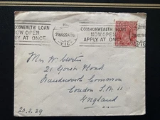 Australia 1929 cover to UK w/ “Commonwealth Loan Now Open Apply.." Slogan Cancel