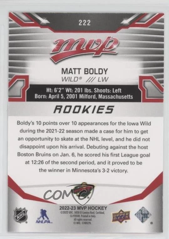2022-23 Upper Deck MVP Rookies Red /25 Matt Boldy #222 Rookie RC - Image 2 of 2