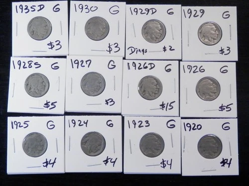 12 Circulated G Buffalo Nickels 1920 to 1935D