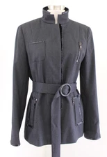 Vtg Carlisle Charcoal Gray Belted Waist Blazer Jacket Size 8 Wool Black Trim