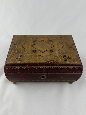 VTG Antique Italian Florentine Style Red Leather Gold Gilt Jewelry Music Box EUC