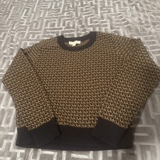 MICHAEL KORS Women's Large MK Print Logo Sweater Crew Neck Knit Black Army green