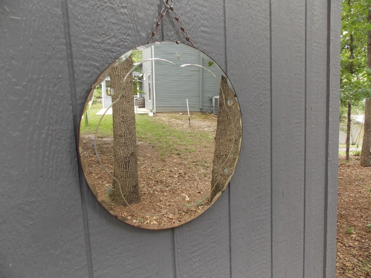 Old Round English Art Deco Frosted Etched Wall Mirror Beveled Edge 18 X 18 0 S&H