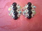 Vintage Beaded Cluster Clip Earrings with Black and Crystal Beads KJ — photo 1