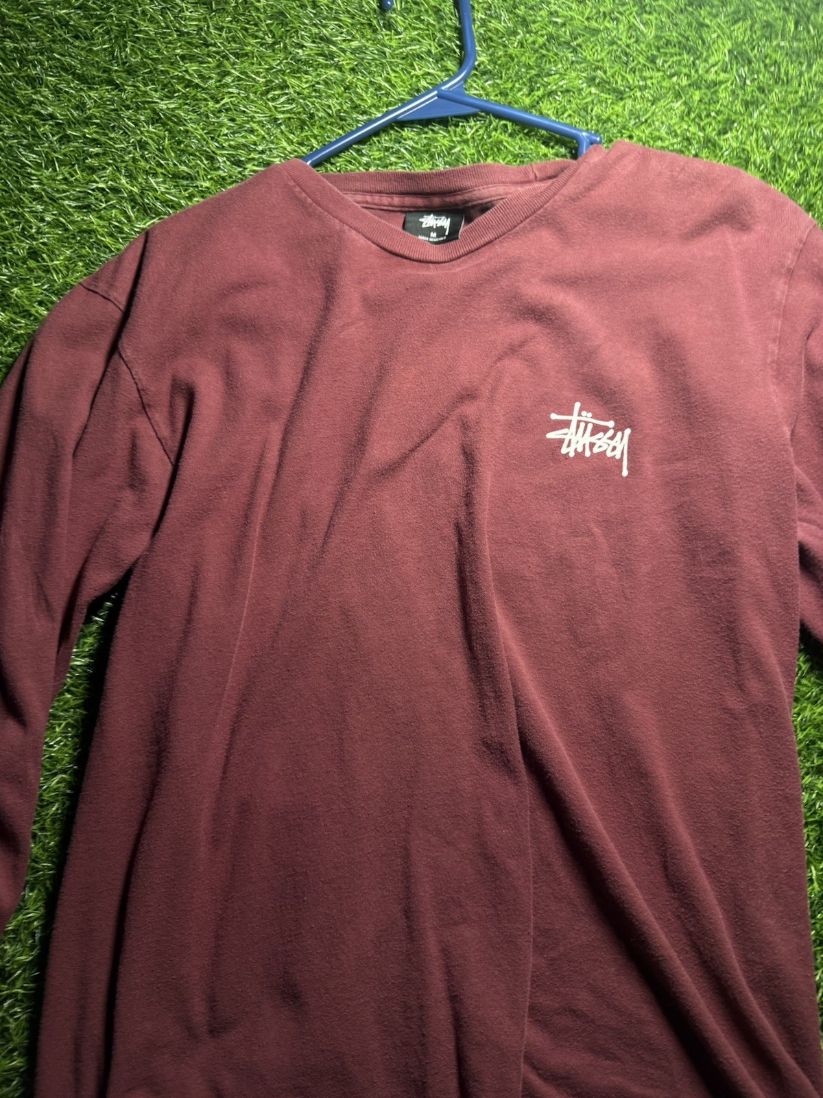 Stussy Men’s Burgundy Double-Sided Graphic Logo Crew Neck Long Sleeve T-Shirt M