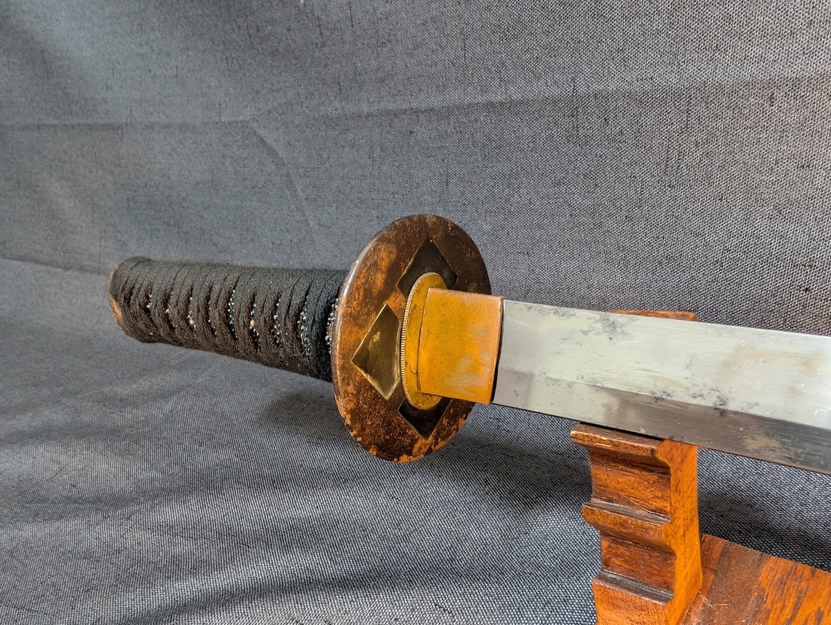 Mumei Wakizashi 54.2cm with Iron Geometric Tsuba and Brass