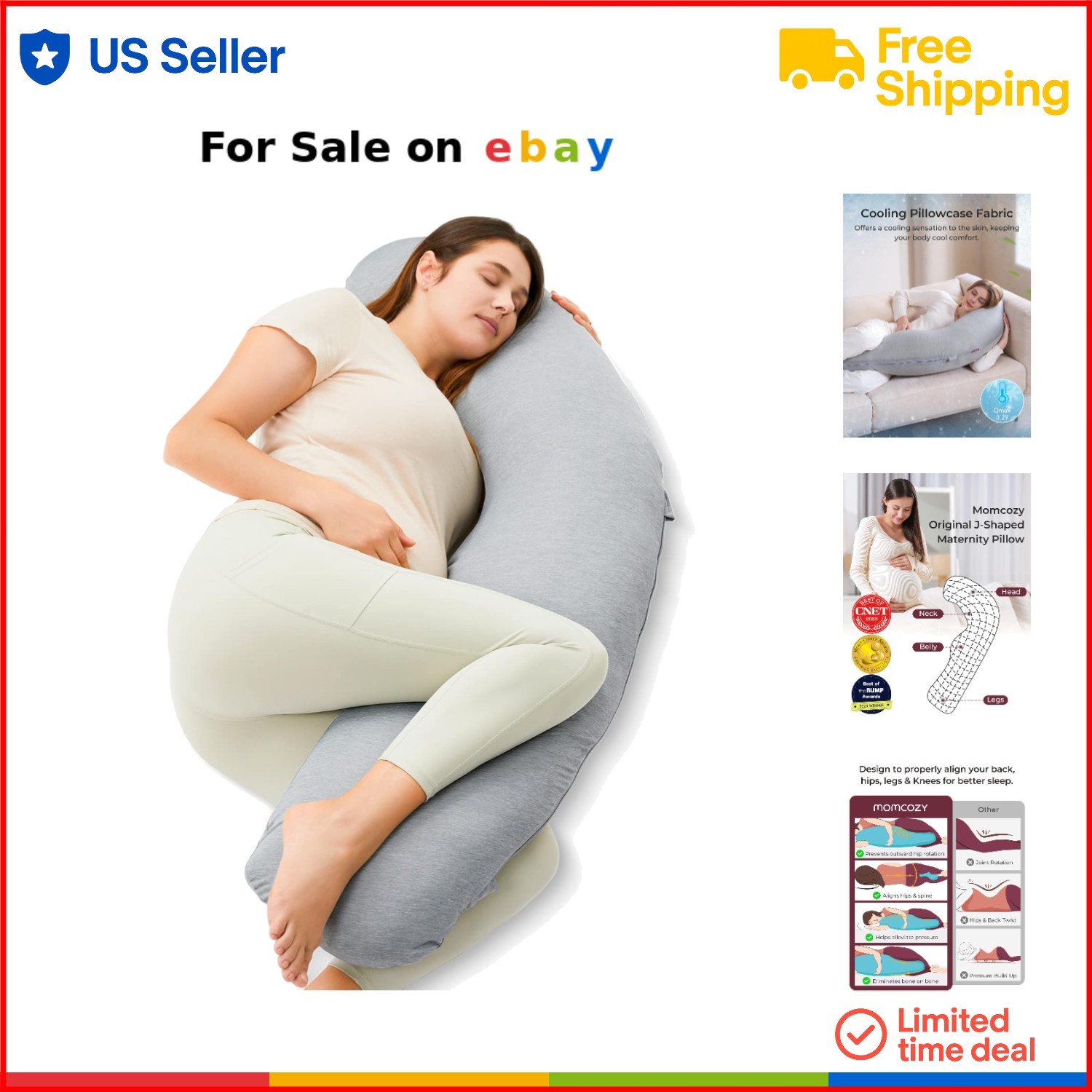 Cooling J-Shaped Maternity Pillow Cover for Side Sleepers