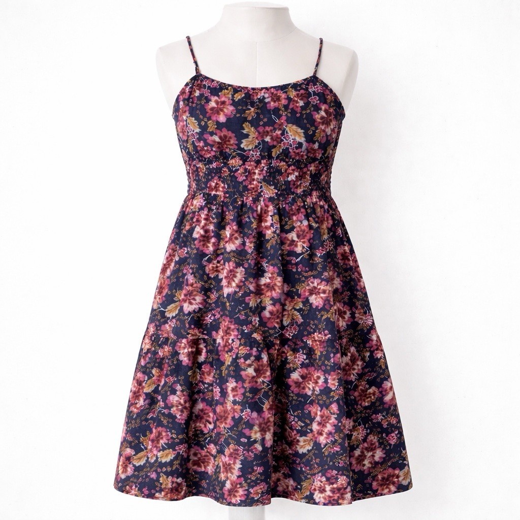 Old Navy Linen Tiered Dress Women's Size Large Blue Floral Cottagecore Summer