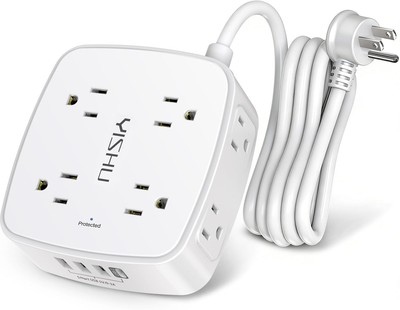6Ft Surge Protector Power Strip 8 Outlets 4 USB Flat Plug Wall Mount White