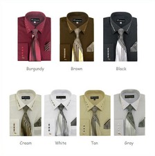 Men's Cotton Blend French Cuff Dress Shirt With Tie Hanky Set 35