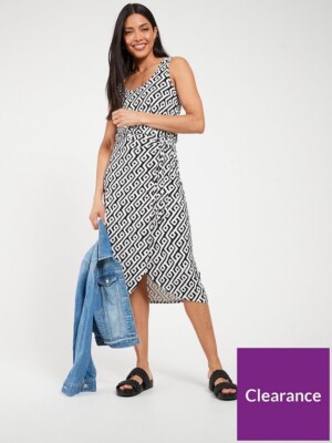 Everyday Sarong Wrap Sleeveless Aztec Monogram Black White Dress - UK Size 18