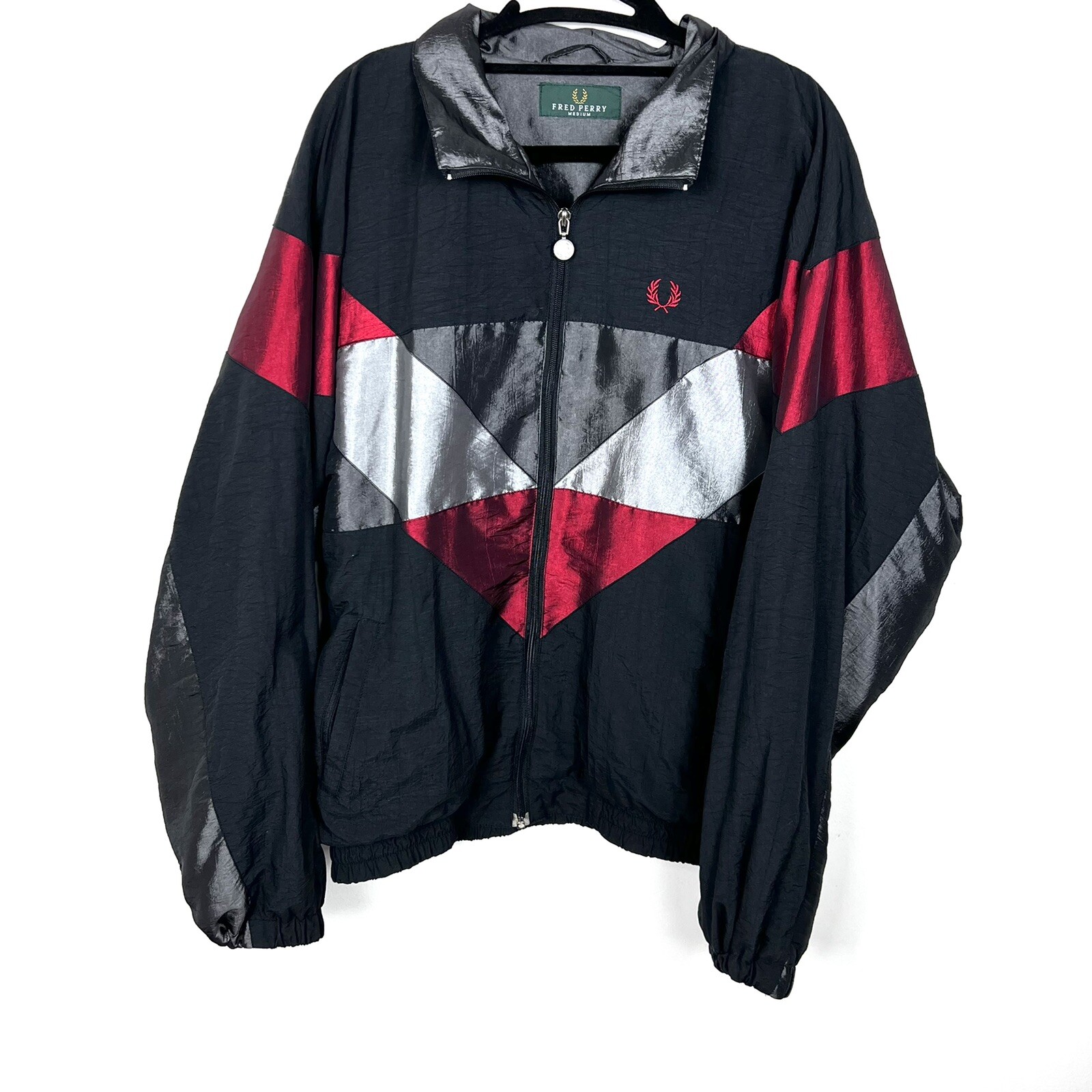 Fred Perry Men's Full Zip Lightweight Black Red Silver Bomber Jacket M Medium