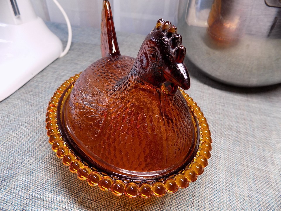 Indiana Glass HEN on NEST Amber Chicken Candy Dish VTG 7" READ Please