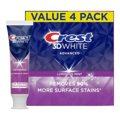Crest 3D White Advanced Luminous Mint Teeth Whitening Toothpaste, 3.7 Oz (4 Pack