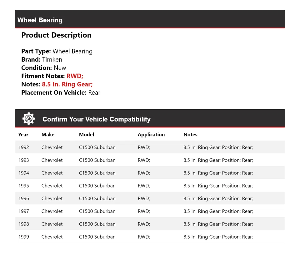Cojinete de rueda trasero Timken 1993 1994 para Chevrolet C1500 Suburban 1992-1999 tracción trasera Foto 2 de 4