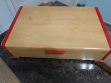 VTG Large Pine Tone & Chippy Red Solid Wood Silverware Flatware Chest Box