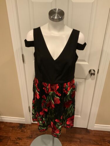 Aidan Mattox Black Floral Embroidered Mini Fit & Flare Dress, Size 12