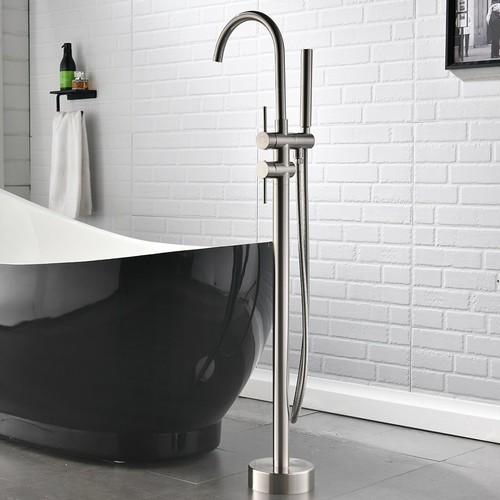 Tub Filler Freestanding Bathtub Faucet Floor Mounted Bathroom with Hand Shower - Picture 81 of 132