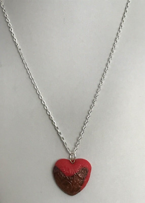 Primo Sculpey Clay Textured Heart Pendant on an 18.5'' Silver Plated Chain