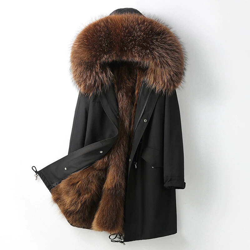 Men Mid Long Coat Real Fox Fur Lined Raccoon Fur Collar Parka Over Knee Overcoat - Image 2 of 4