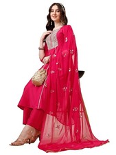 Women's Cotton Silk Embroidered Kurta Palazzo and Dupatta Set