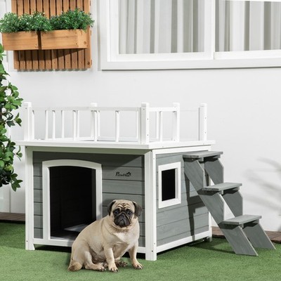 PawHut Hundehütte Hundehaus mit Balkon Erhöhtes Kleintierhaus mit Treppe Fenster