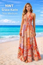 Grace Karin NWT Maxi Dress Medium Halter Smocked Patchwork Floral Pockets Boho