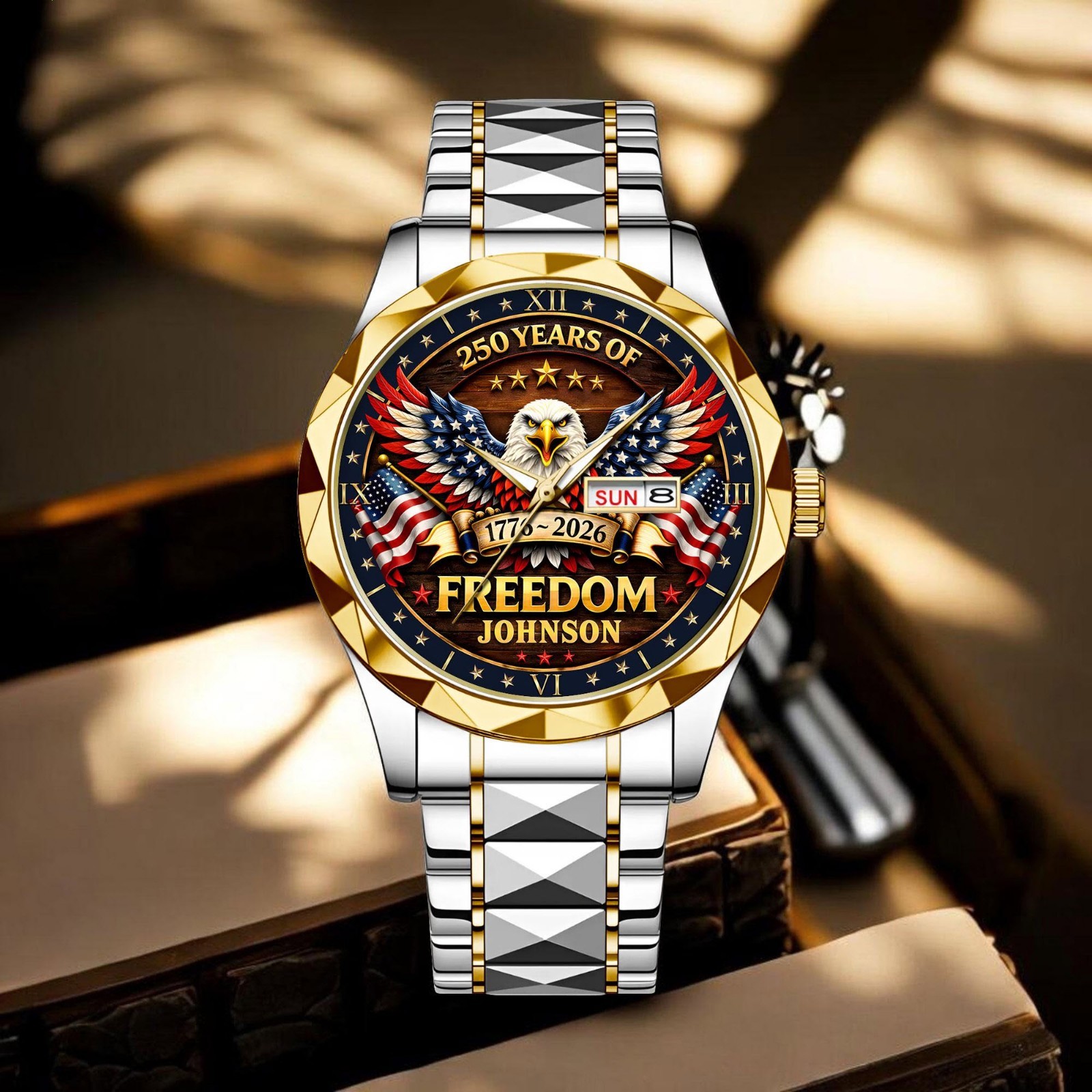 Custom USA 250th Anniversary Watch Statue Liberty Patriotic Timepiece Gift Men