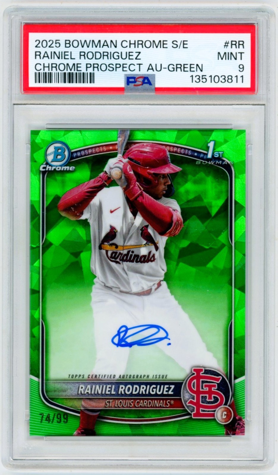 Rainiel Rodriguez 2025 Bowman Chrome Sapphire Green Refractor RC Auto /99 PSA 9