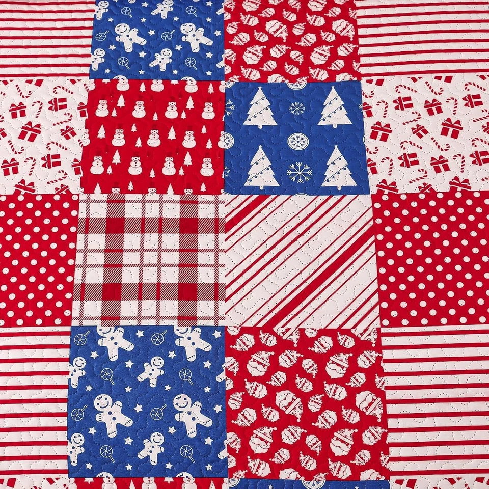 Christmas Bedding Quilts Set King Size Reversible Xmas Bedspread Red Plaid Be... - Image 4 of 4