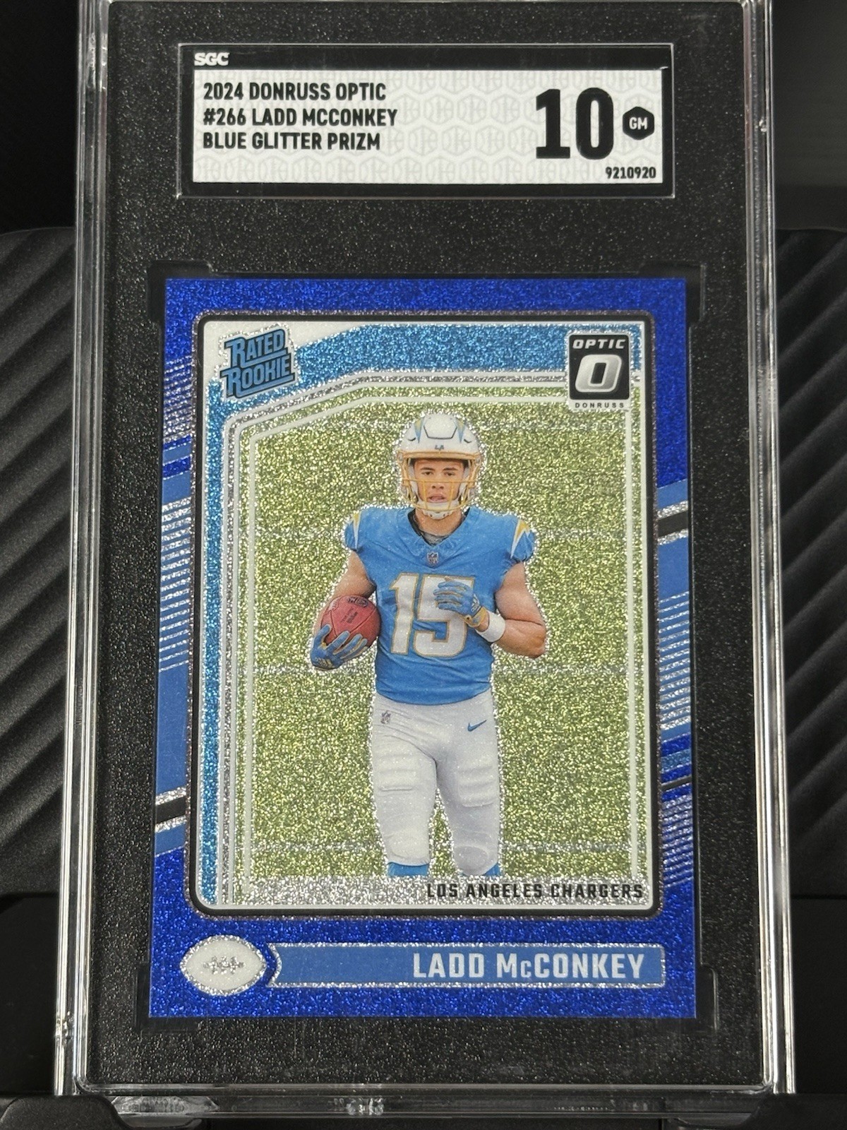 2024 Optic - Rated Rookie Ladd McConkey #266 Blue Glitter SSP SGC 10