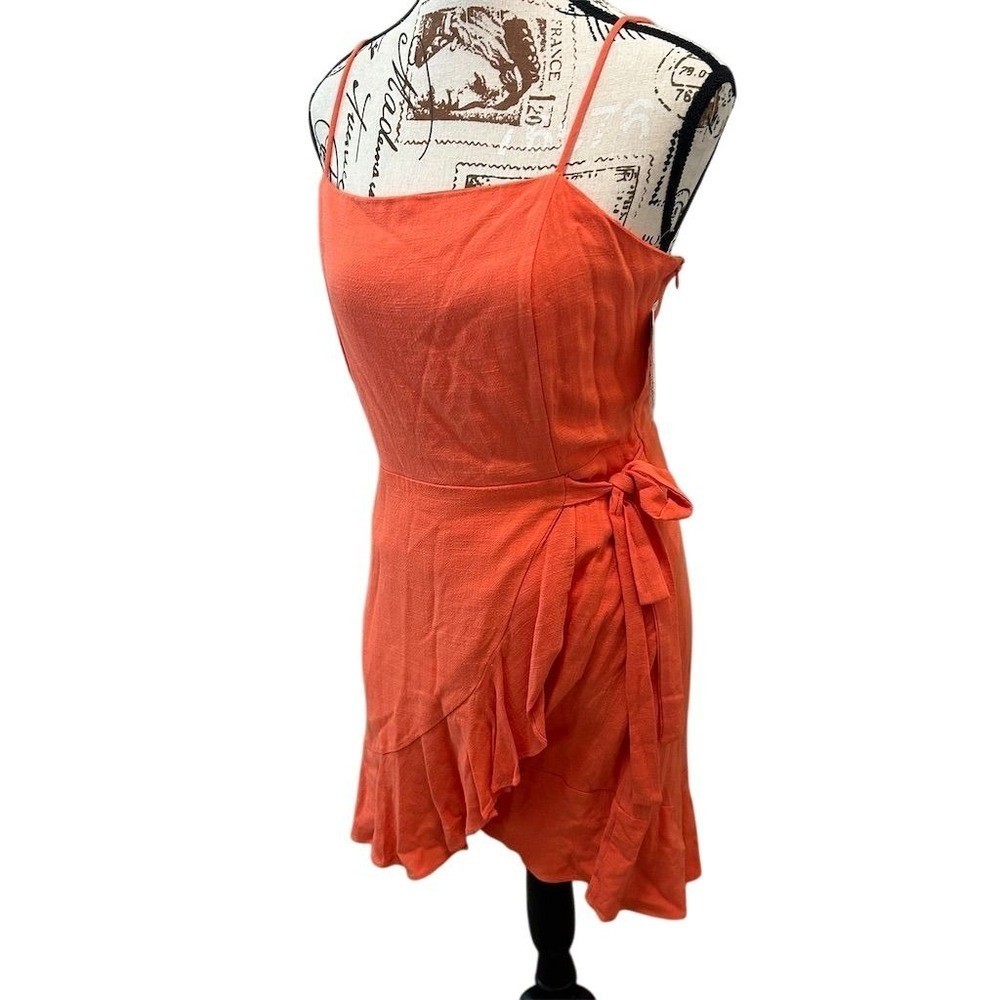NWT Altar State Orange Linen Blend Wrap Dress Ruffle Hem Spaghetti Strap Size L
