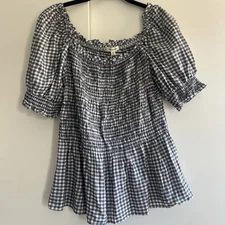 Max Studio Smocked Blouse L Black  White Gingham NWT Boho Peasant Top Shirt