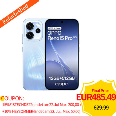 Unlocked OPPO Reno15 Pro 5G Smartphone, 12+512GB, 200MP 6.32'' 120Hz Aurora Blue